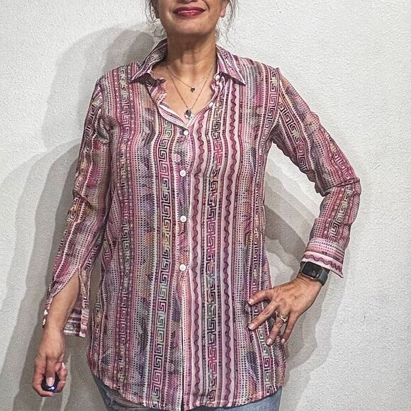 Muze New York Pink Sheer Button Down Sz L - Picture 1 of 12